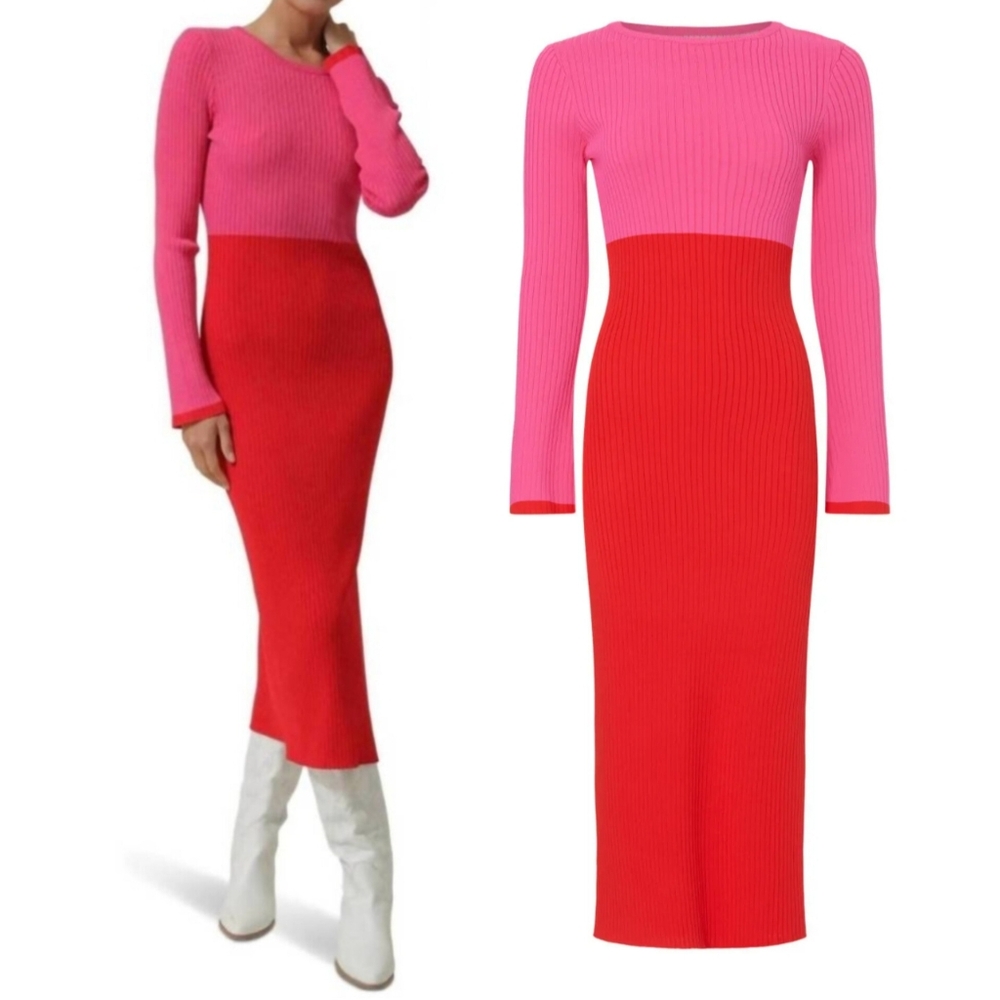 🔥Line and Dot Frankie Colorblock Pink and Red Knit Dress